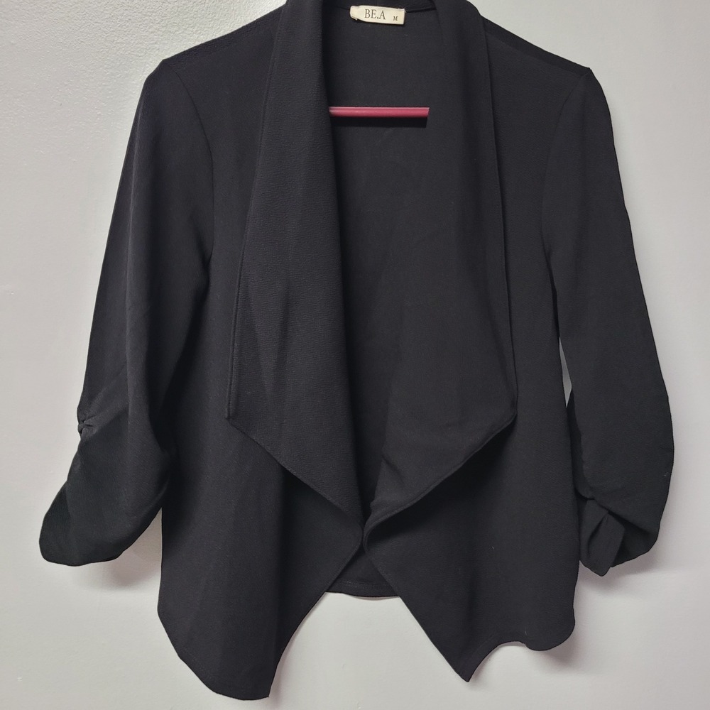 BE.A Black Drape Front Ruched Sleeve Blazer Jacket Women's Medium